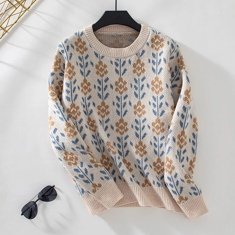 Sweater Jacquard Floral Vintage — Cuello Redondo Retro