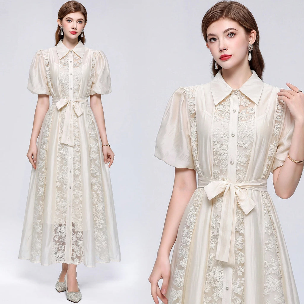 Vestido Camisero de Encaje Calado — Estilo Vintage