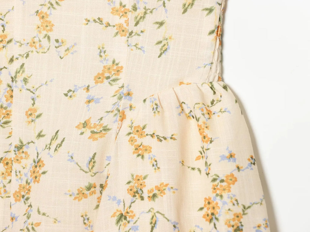 Vestido Corto de Tirantes Amarillo Floral — Escote V Fruncido