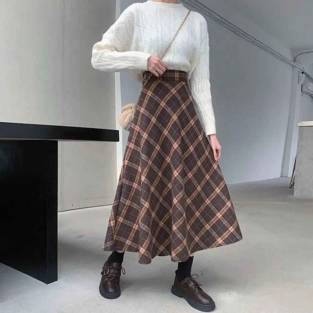 Falda Midi a Cuadros Tiro Alto — Estilo Retro Preppy