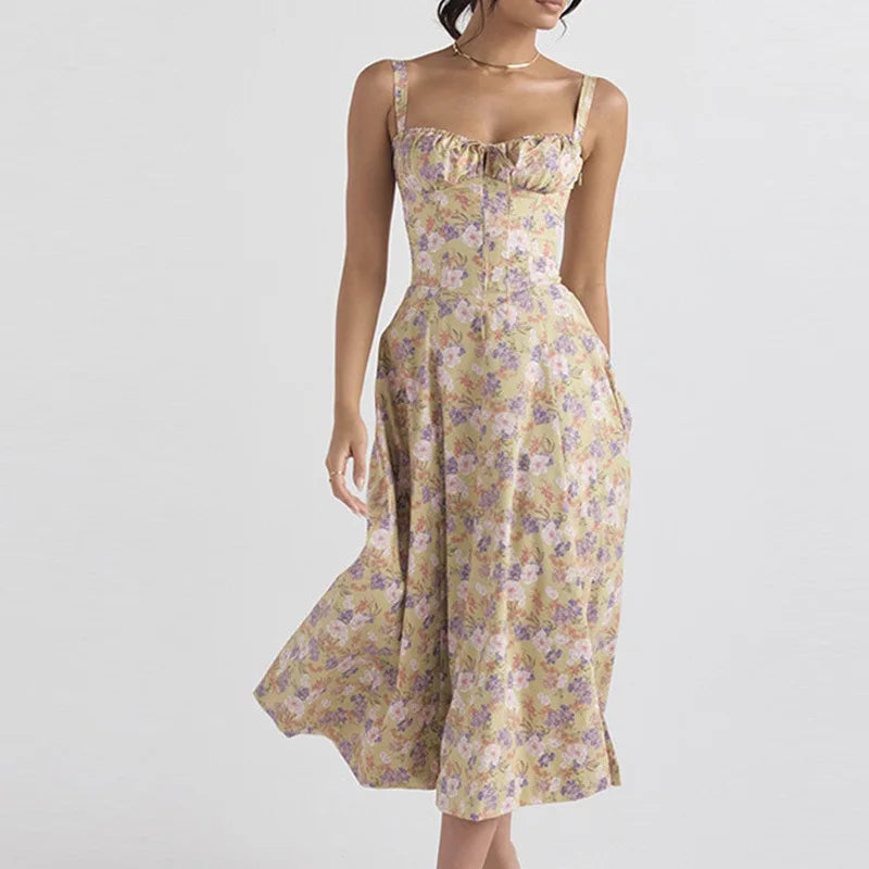 Vestido Midi Floral Manga Globo — Uso Diario