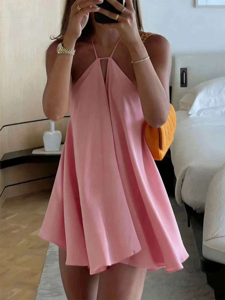 Vestido Mini Tejido de Tirantes — Escote V y Espalda Descubierta