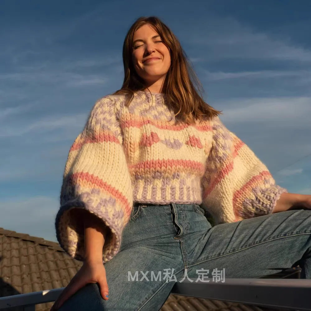 Sweater de Lana Merino con Patrón Geométrico — Tejido Grueso