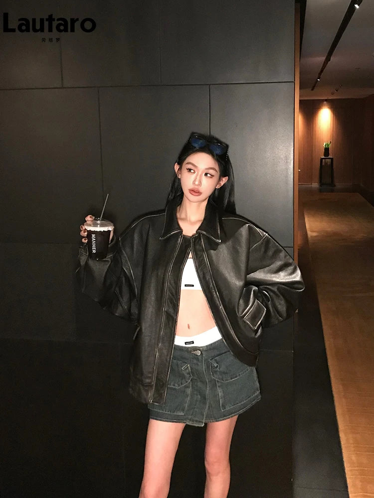 Chaqueta Oversize de Cuero Vegano Café — Efecto Desgastado