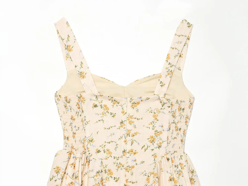 Vestido Corto de Tirantes Amarillo Floral — Escote V Fruncido