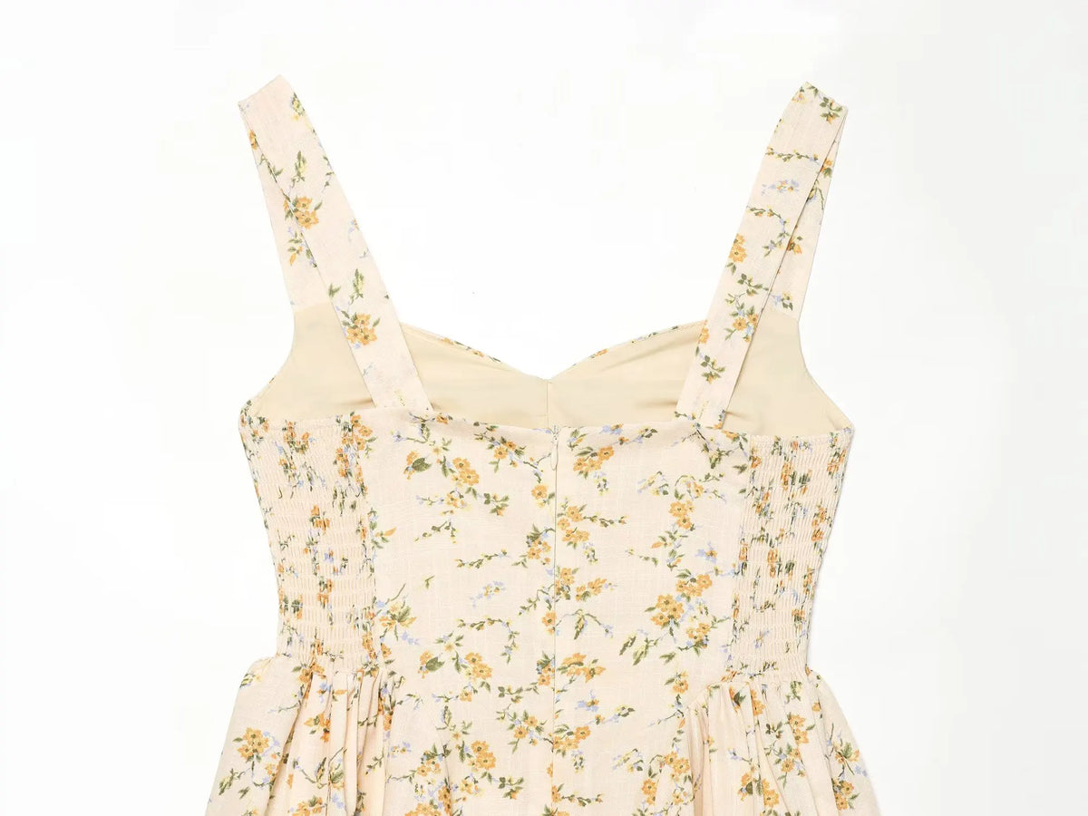 Vestido Corto de Tirantes Amarillo Floral — Escote V Fruncido