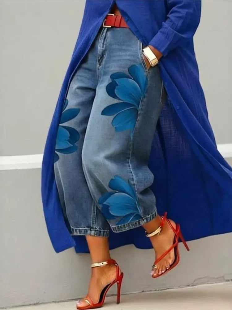 Pantalón Efecto Denim Estampado — Corte Ancho 7/8
