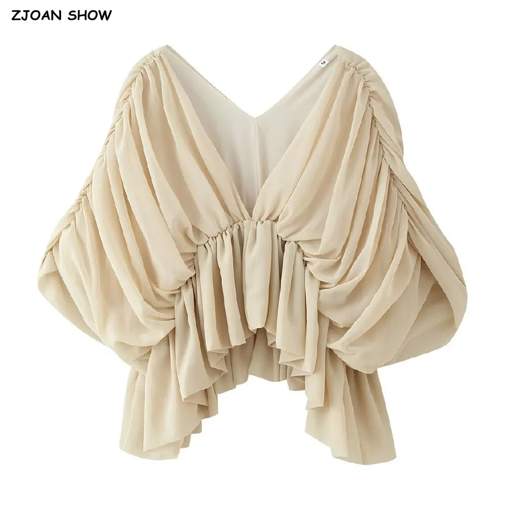 Blusa Kaki Escote V — Manga Murciélago Asimétrica