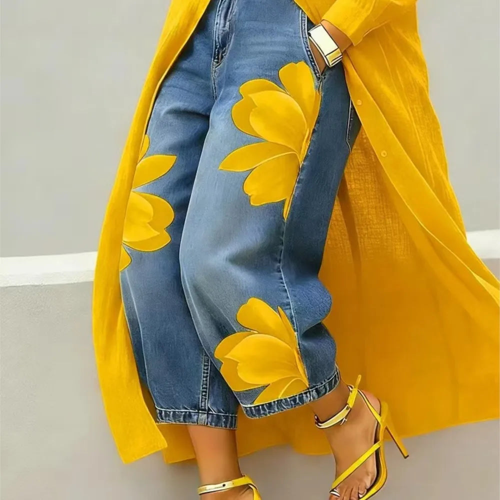 Pantalón Efecto Denim Estampado — Corte Ancho 7/8