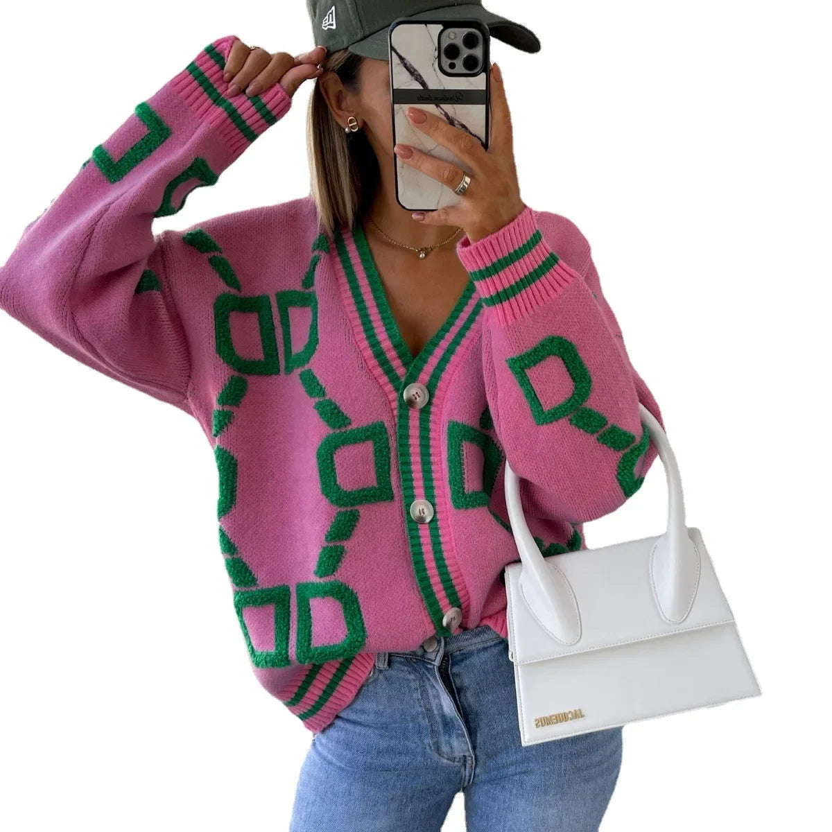 Cárdigan Tejido Estampado Cuello V — Botonadura Sencilla
