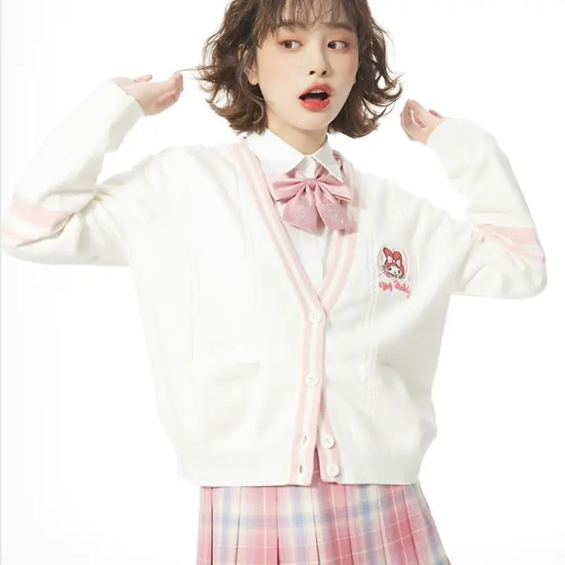 Sweater Bordado My Melody — Cárdigan Cuello V Kawaii