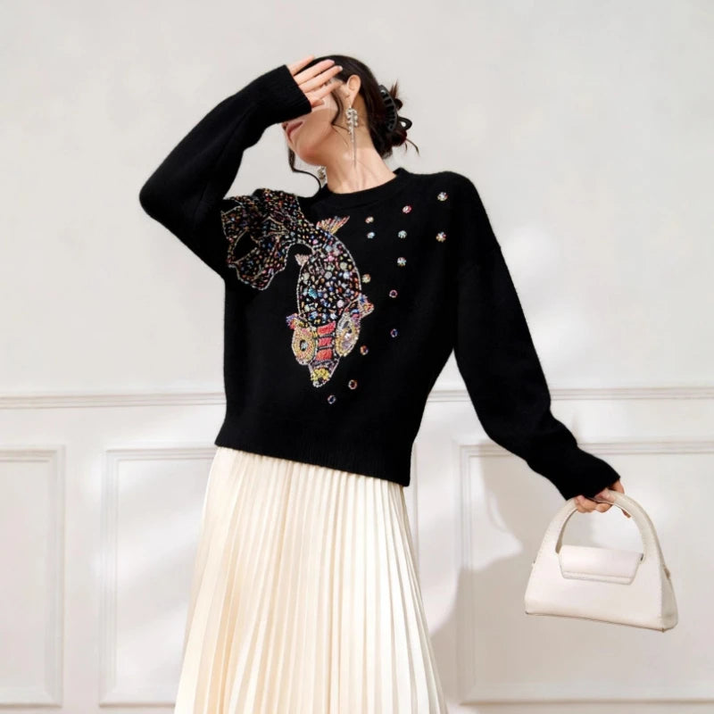 Sweater Negro con Bordado de Peces y Lentejuelas