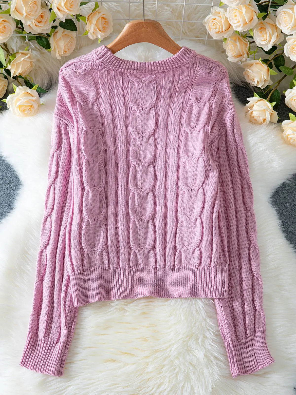 Sweater Rosa Tejido Trenzado — Cuello Redondo Suave