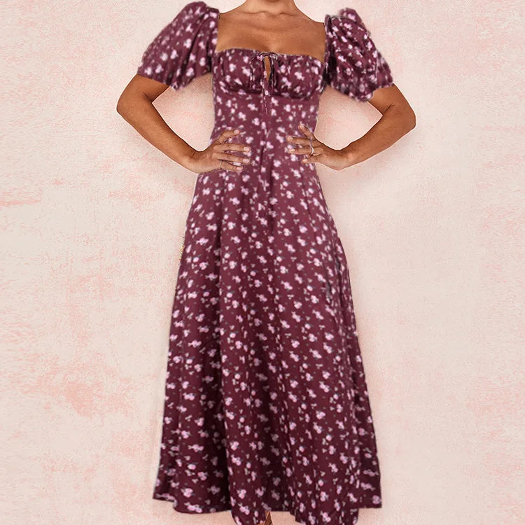 Vestido Midi Floral Manga Globo — Uso Diario