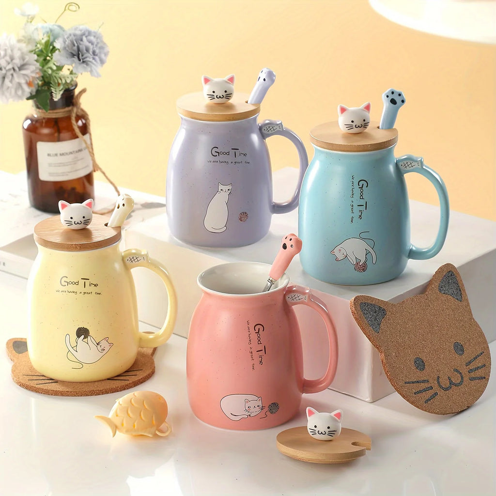 Taza Gato Kawaii con Tapa y Cuchara