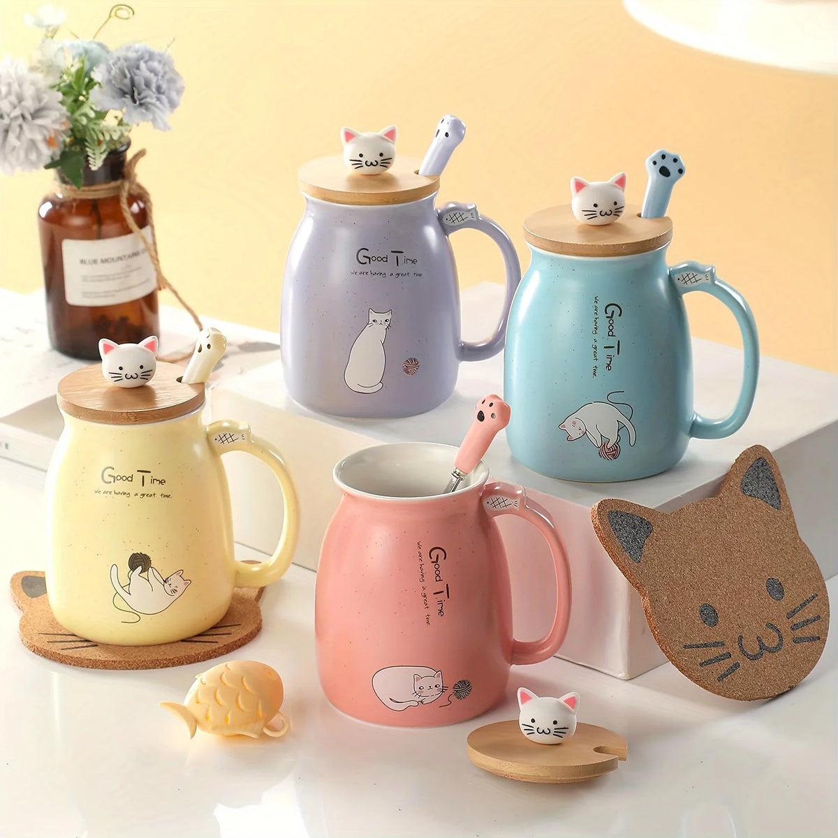 Taza Gato Kawaii con Tapa y Cuchara