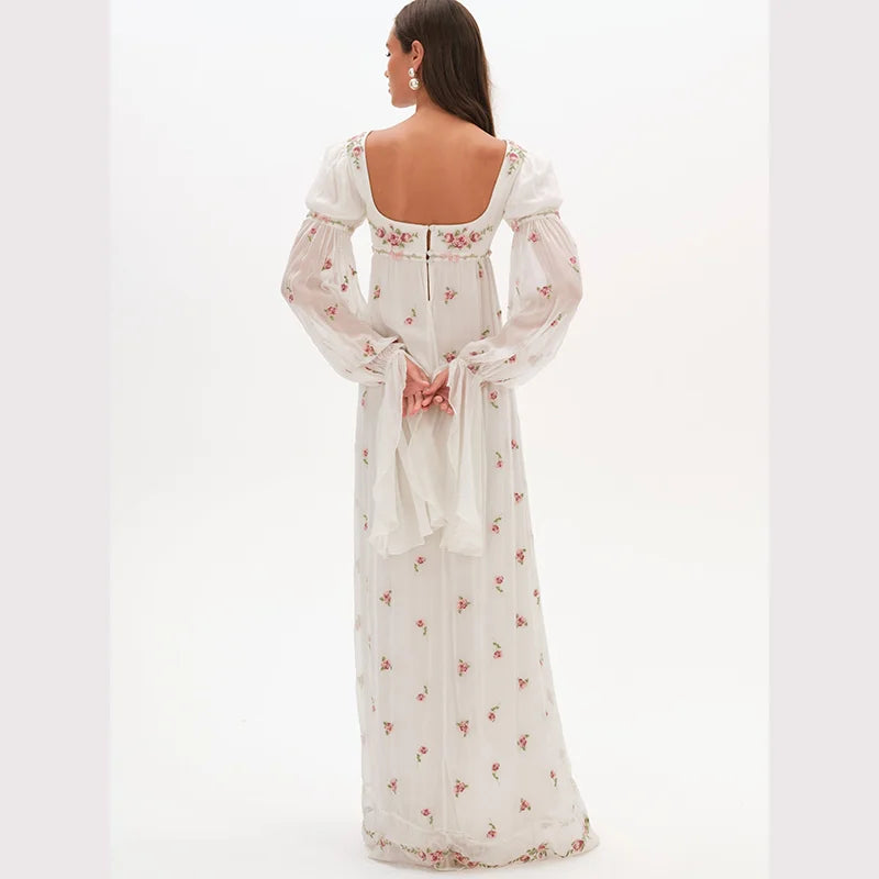 Vestido Maxi Blanco Floral — Manga Larga Abullonada Cottagecore