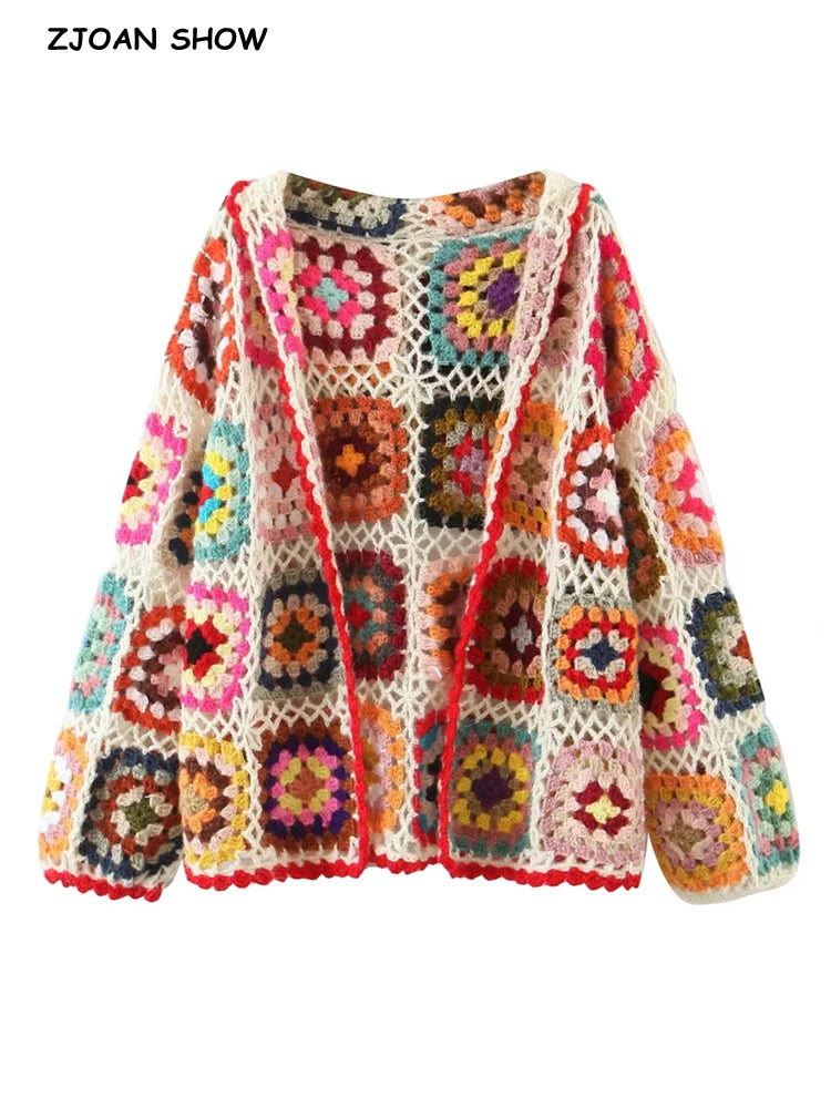 Cárdigan Crochet Boho con Capucha — Estampado Étnico