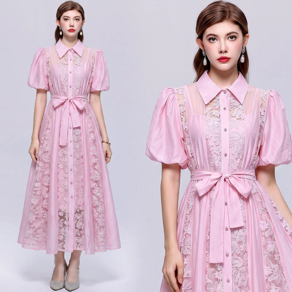Vestido Camisero de Encaje Calado — Estilo Vintage