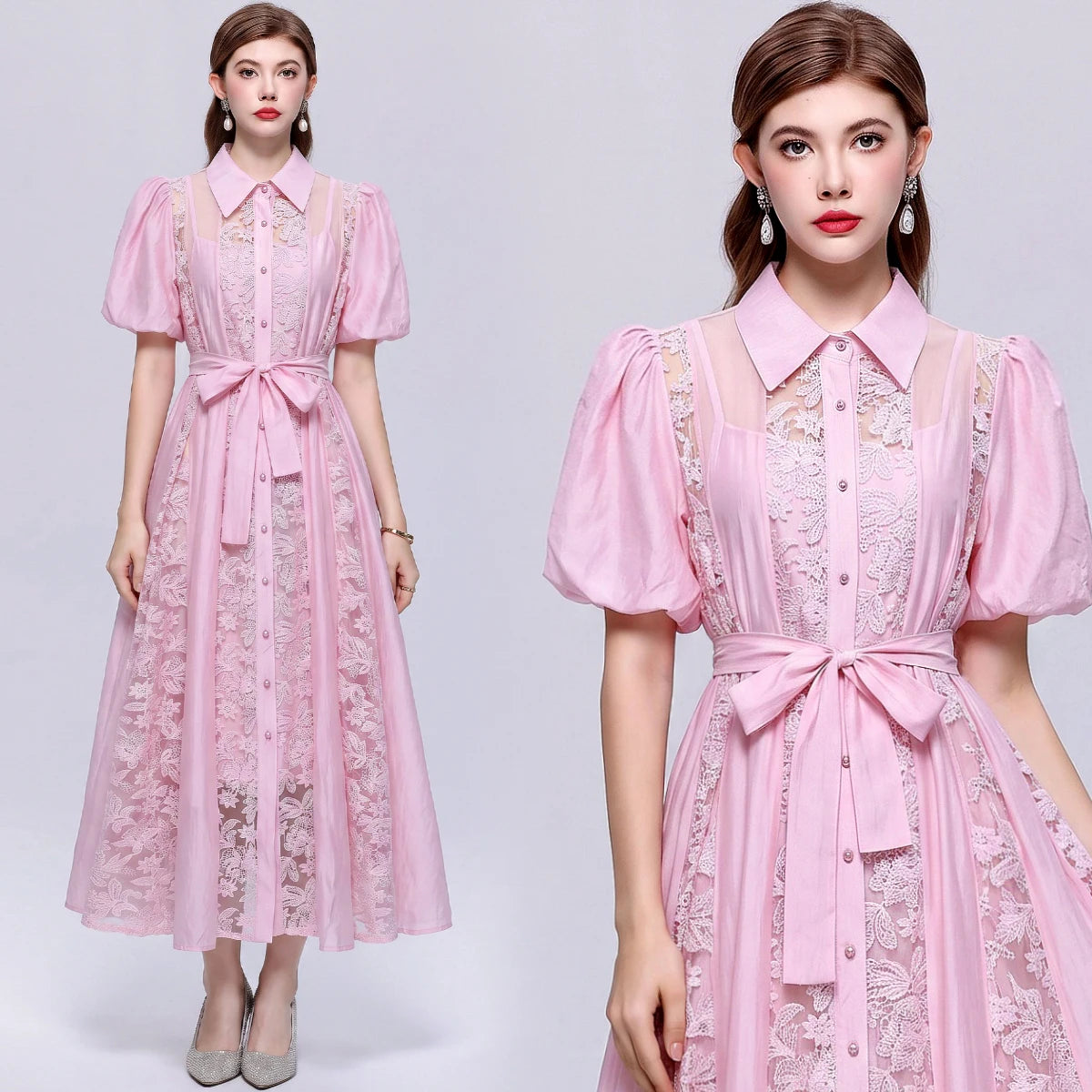 Vestido Camisero de Encaje Calado — Estilo Vintage