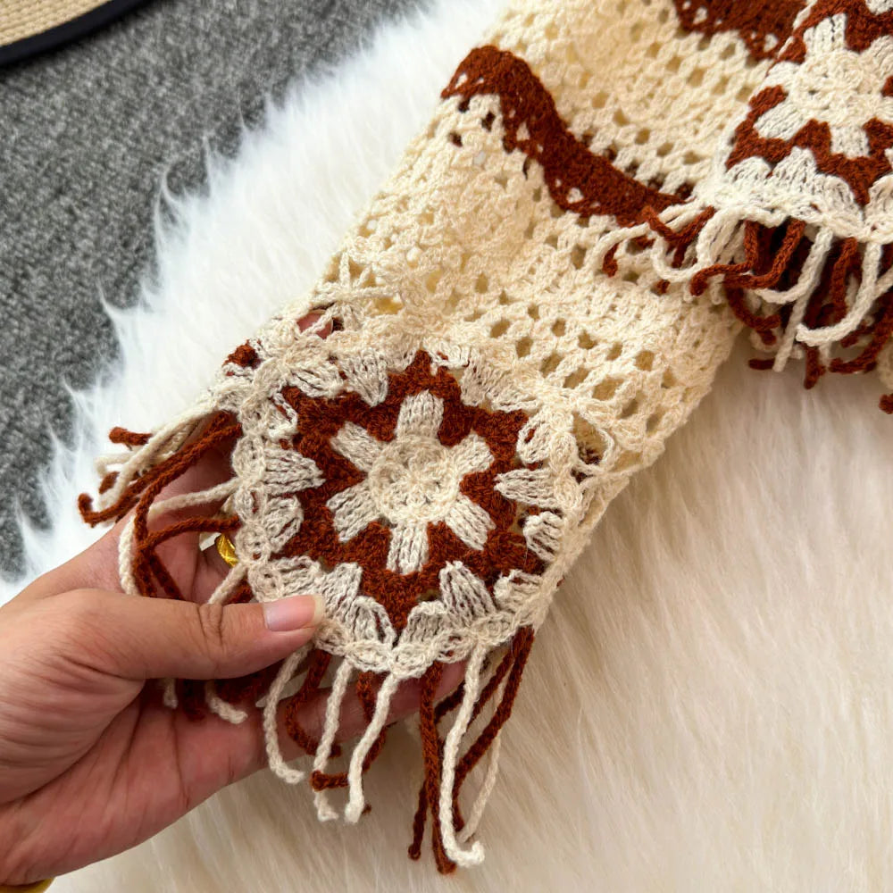 Cárdigan Bordado Floral con Flecos — Crochet