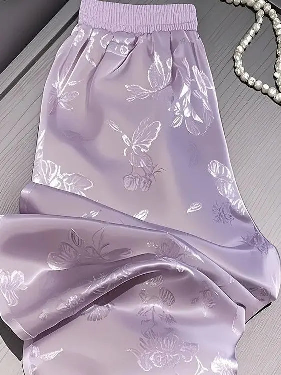 Pantalón de Satén Morado Bordado — Pierna Ancha Drapeada