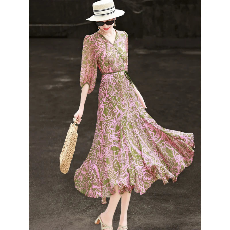 Vestido Maxi Sirena Estampado Paisley — Mangas Abullonadas