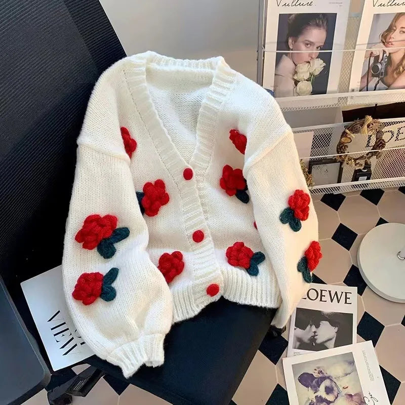 Cárdigan Floral con Botones — Cuello V Holgado