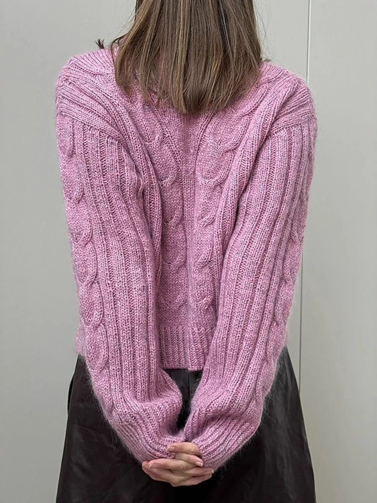 Sweater Rosa Tejido Trenzado — Cuello Redondo Suave