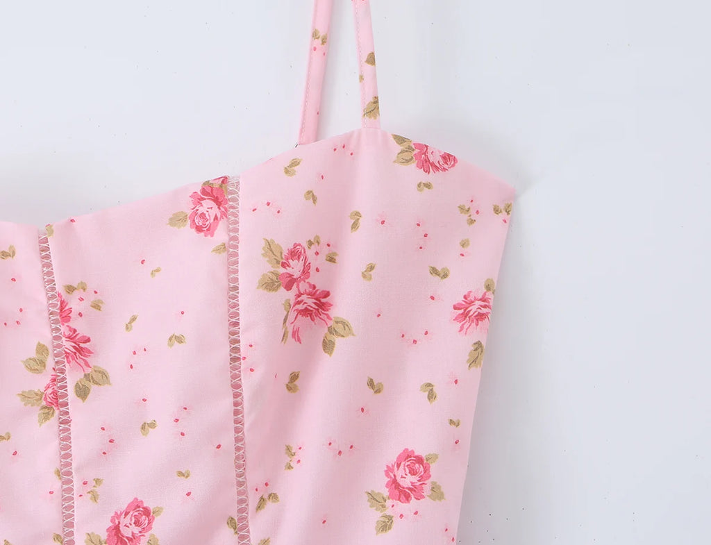 Vestido Largo de Tirantes Rosa con Encaje Calado