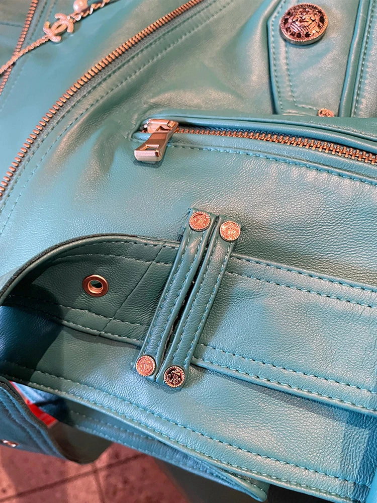Chaqueta Biker de Cuero Vegano Verde — Cierre y Mangas Largas