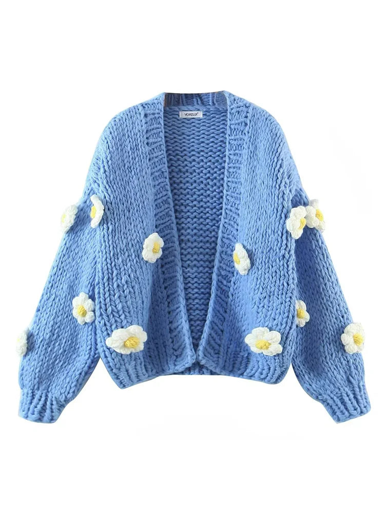 Cárdigan Crochet Multicolor con Flores 3D — Cuello V