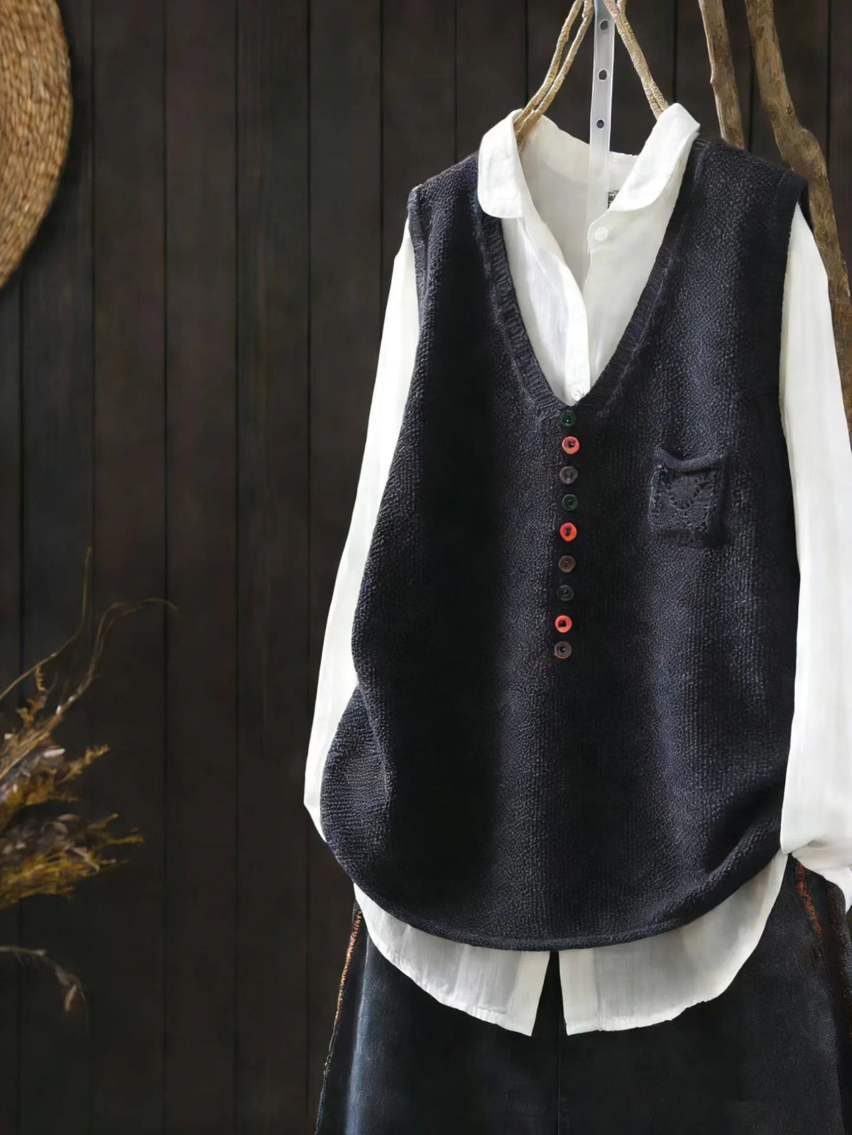 Chaleco Tejido de Algodón — Cuello V Retro