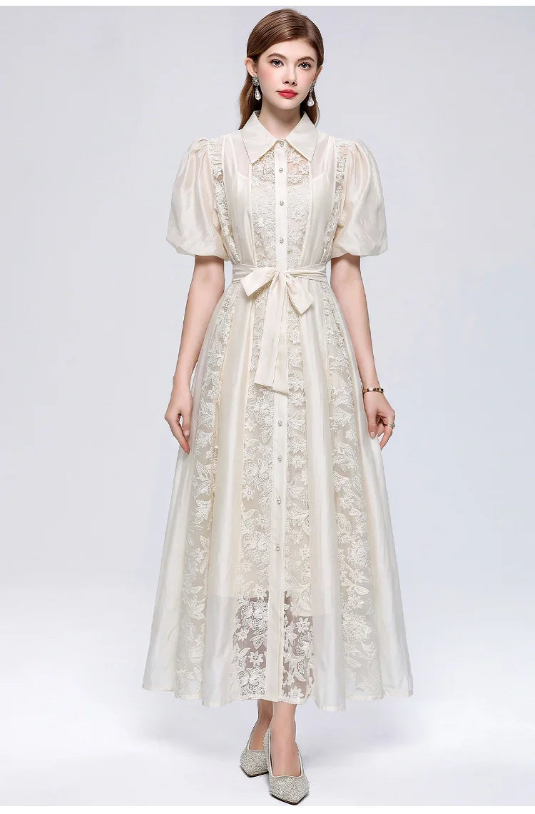 Vestido Camisero de Encaje Calado — Estilo Vintage