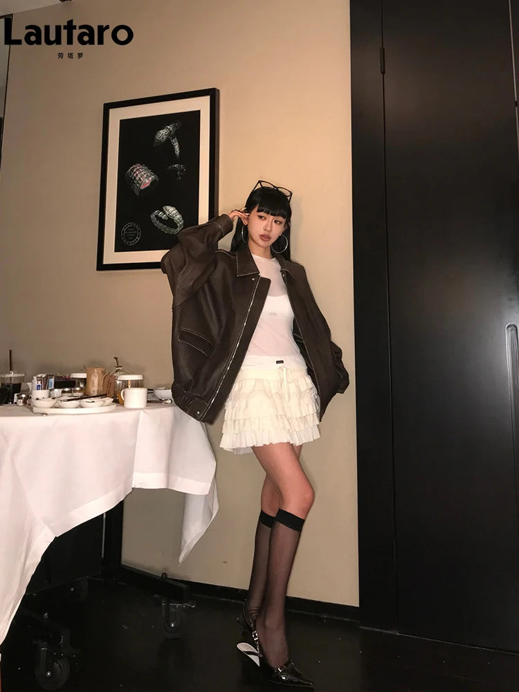 Chaqueta Oversize de Cuero Vegano Café — Efecto Desgastado