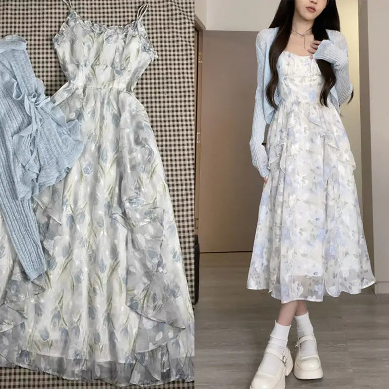 Conjunto Vestido Midi Floral y Cárdigan Ligero — Set Dos Piezas